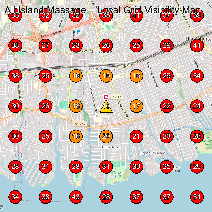 All Island Massage GeoGrid visibility map for Massage Therapist in Amityville